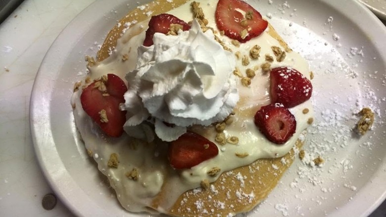 strawberry and sweet cream cheese pancakes on plate at Mary's Kountry Kitchen