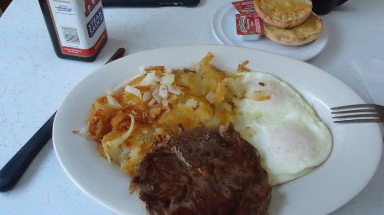 Steak and Eggs with side of Hash Browns at Our Kitchen