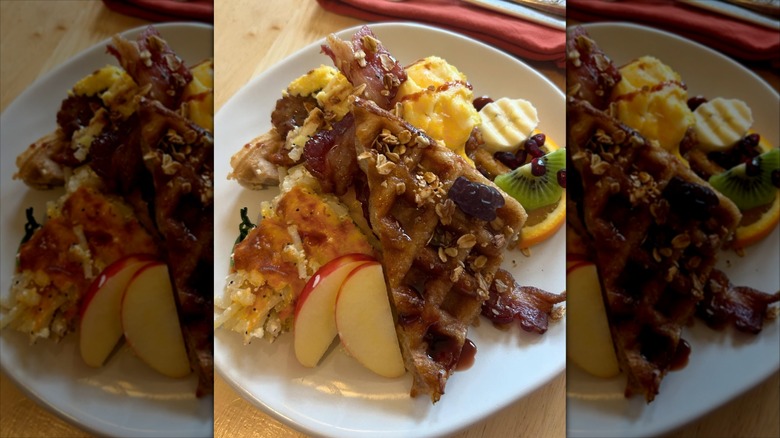 Waffle with fruit and bacon at Faye's Cafe