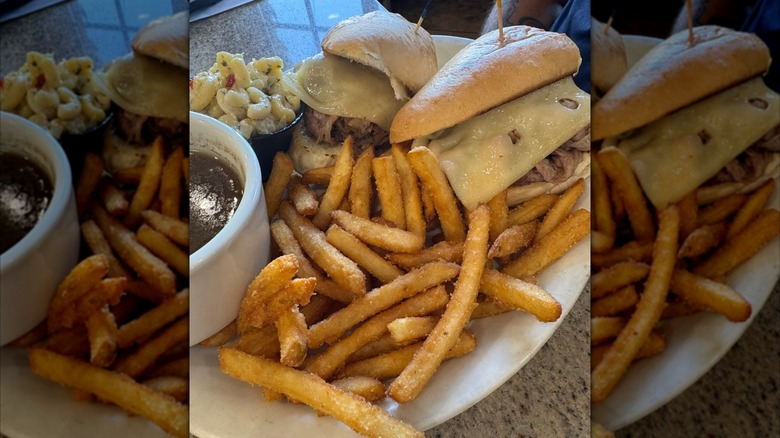 Brisket sub with French Fries and side of soup and macaroni salad at The Bagel Cafe