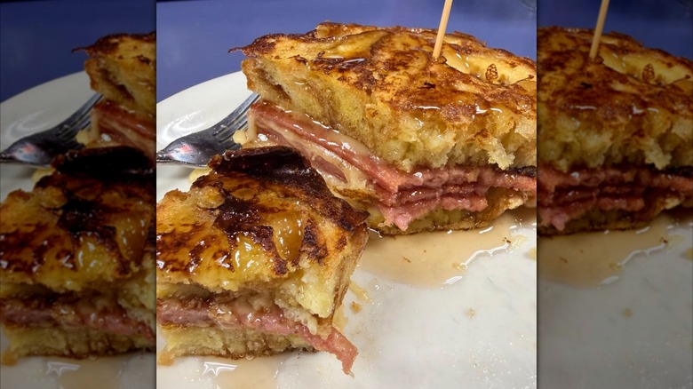 Pork roll and cheese on bread pudding French toast at Lucille's Country Cooking
