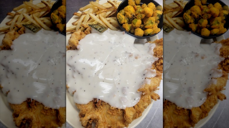 gluten-free chicken fried chicken with sides of French Fries at Fried Okra at Cafe 75