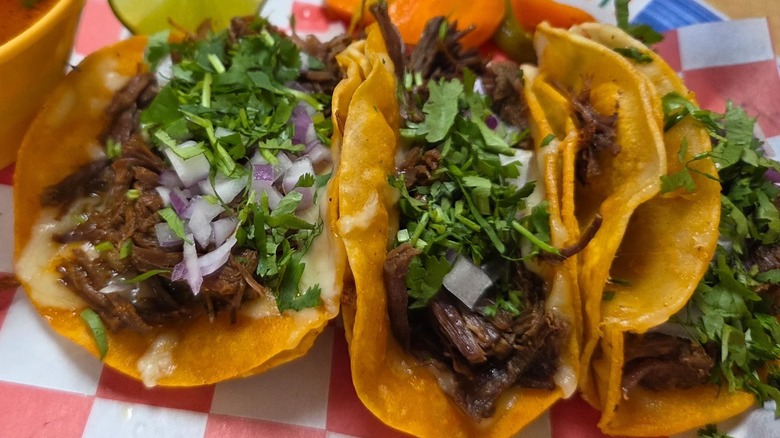 Three birria-style tacos on a plate lined with red-checkered paper; each is filled with meat, cheese, chopped onions and cilantro