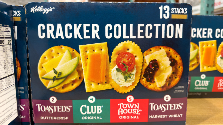 Kellogg's Cracker Collection in a box on a shelf at Costco