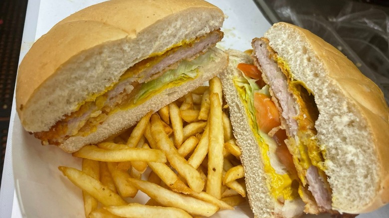 B&B Grocery, Meat & Deli Pork Tenderloin Sandwich with side of fries
