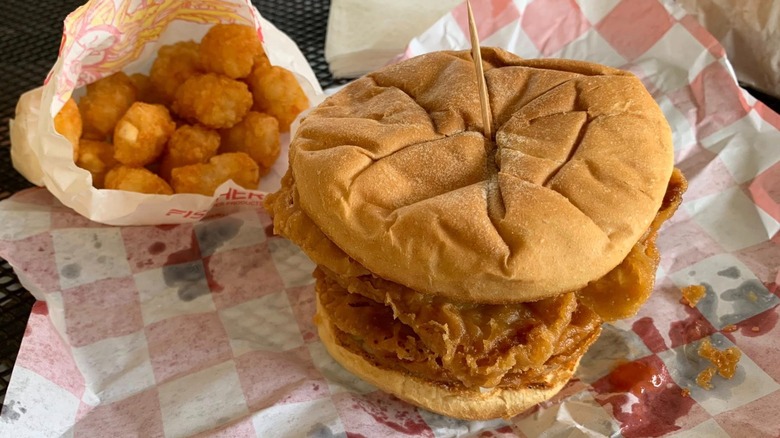 Kitty's Cafe Pork Tenderloin Sandwich with side of tater tots