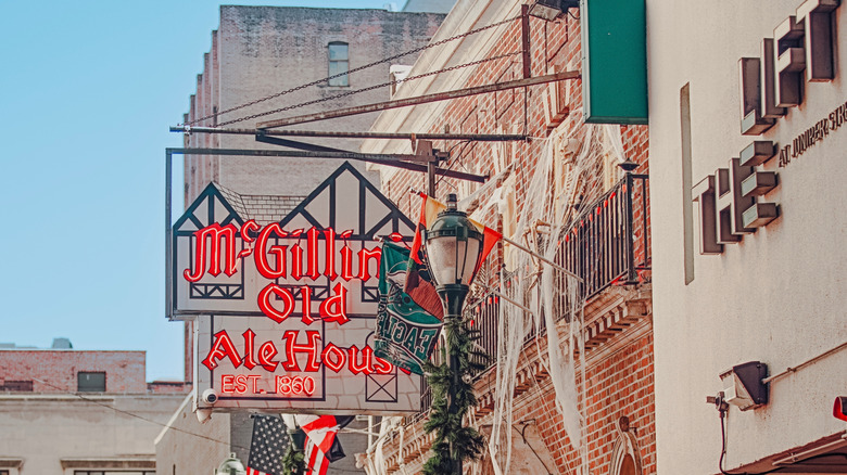 brick building with sign