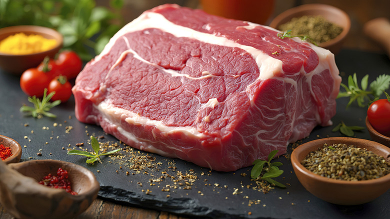 A raw pork shoulder or pork butt cut, showing the marbled texture and pink color of the meat