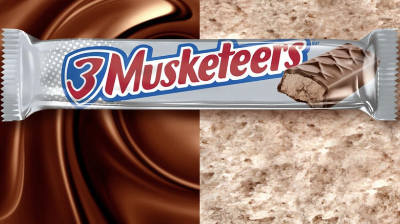 3 Musketeers Chocolate Bar displayed over side-by-side images of melted chocolate and nougat.