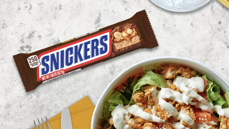 Snickers Chocolate Candy Bar served as dessert for salad meal.