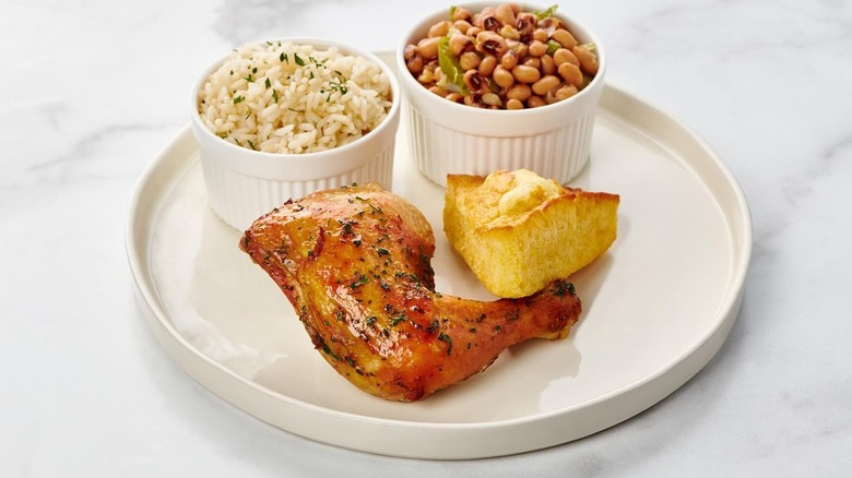 chicken, rice, beans, cornbread plate from cornbread brooklyn