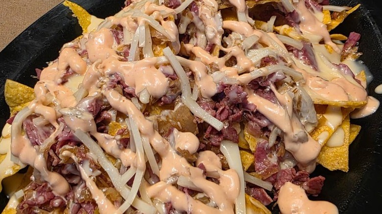 nachos with Reuben sandwich toppings