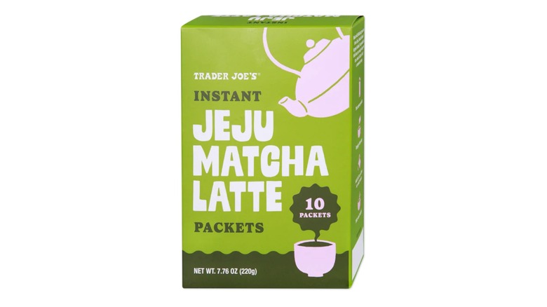 A package of Trader Joe's Jeju Matcha Latte Packets on a white background.