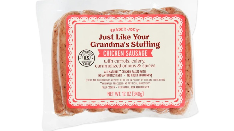 A package of Trader Joe's chicken sausages on a white background
