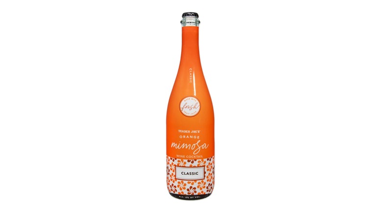 A bottle of Trader Joe's Orange Mimosa Wine Cocktail on a white background