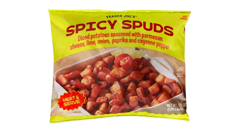 A bag of Trader Joe's Spicy Spuds on a white background.