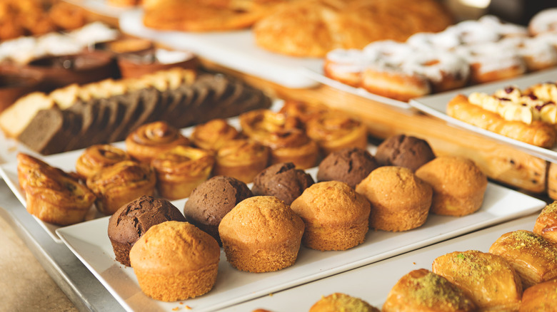 Baked goods displayed at a buffet