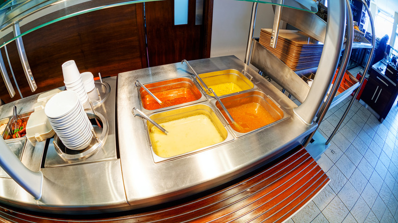 A display of soups at a buffet
