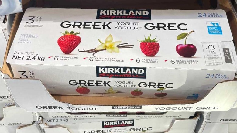 Kirkland Signature individual Greek yogurt cups from Costco in cardboard tray