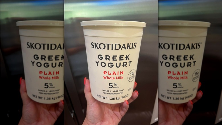 Hand holding Skotidakis Greek yogurt