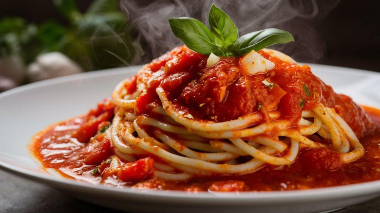 Plate of spaghetti with marinara sauce and fresh basil