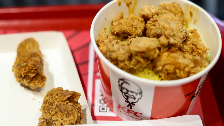 A bucket of fried chicken from KFC