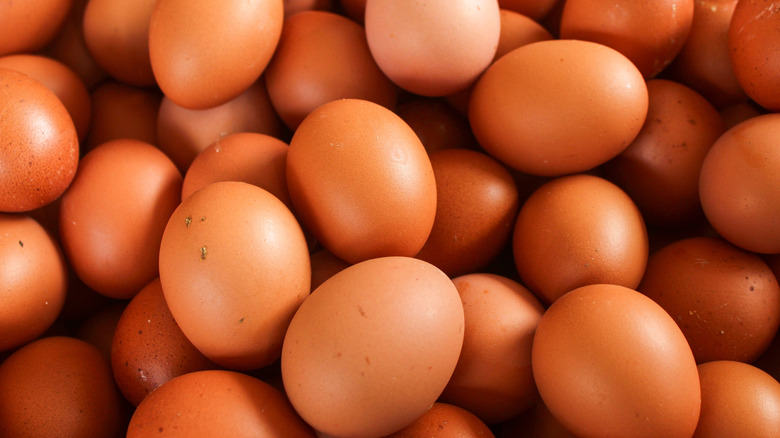 closeup of several brown eggs