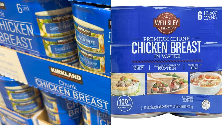 Kirkland canned chicken and BJ's Wellsley Farms canned chicken side by side