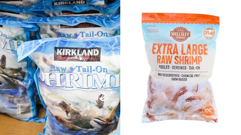 Bags of Kirkland Signature frozen shrimp and Wellsley Farms frozen shrimp side by side