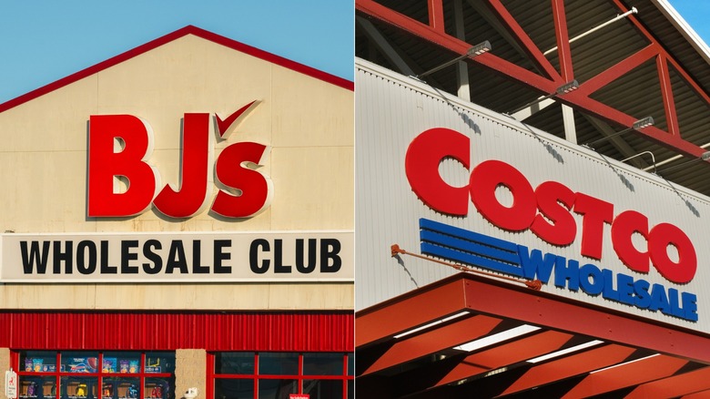 Exteriors of BJ's and Costco, side by side