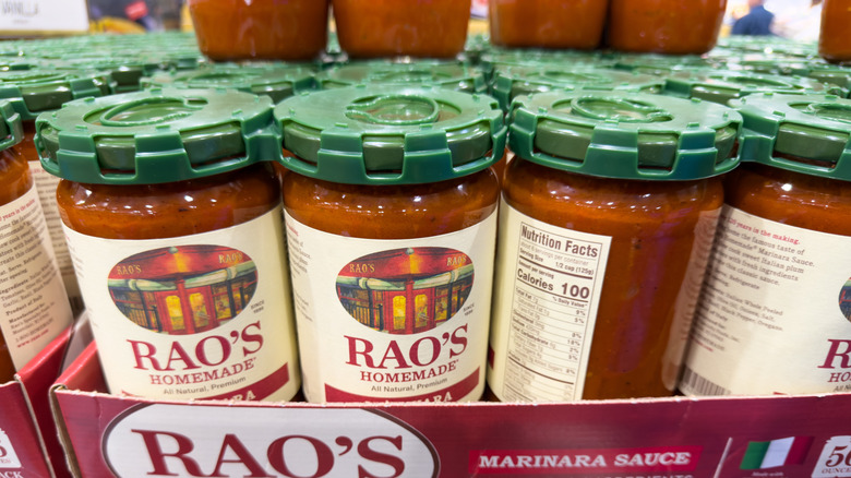 Jars of Rao's tomato sauce on display in a store