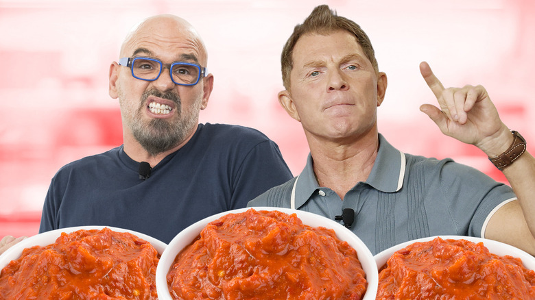 Chefs Michael Symon and Bobby Flay and bowls of tomato sauce