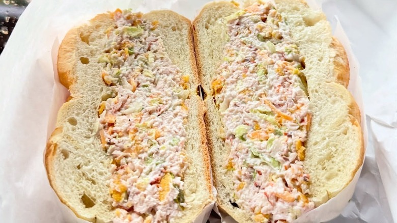 Closeup of chopped tuna sandwich from Farmer in the Deli, Brooklyn