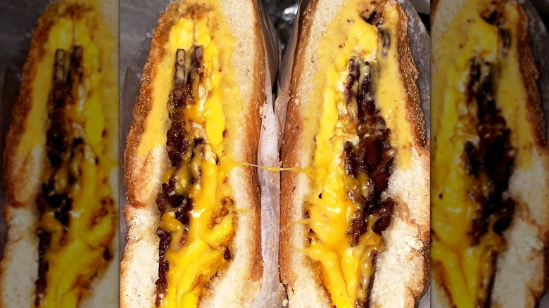 Close up of a bacon, egg, and cheese from Sixth Avenue Garden Gourmet Deli, Manhattan