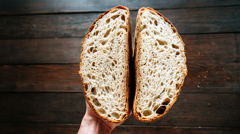 Open Crumb Artisan Sourdough Bread, Cut in Half
