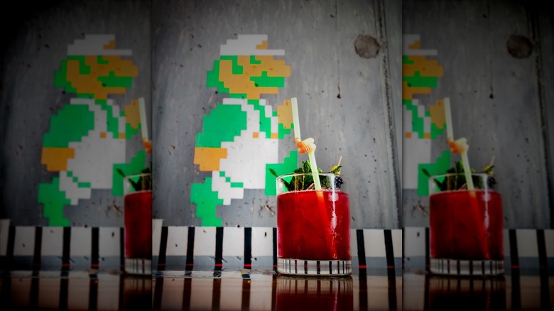 Mario wall decoration and mixed drink at Roxy's Arcade