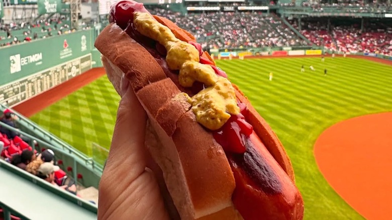 hand holding a Fenway Frank at Fenway Park