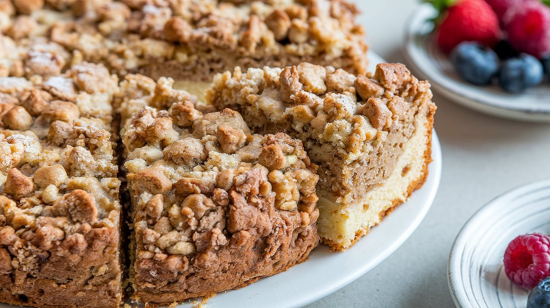Side of round cake coffee cake with a thick classic streusel topping