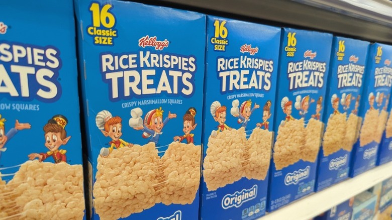 Boxes of Rice Krispie Treats on a supermarket shelf.