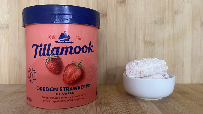 Carton of Tillamook strawberry ice cream