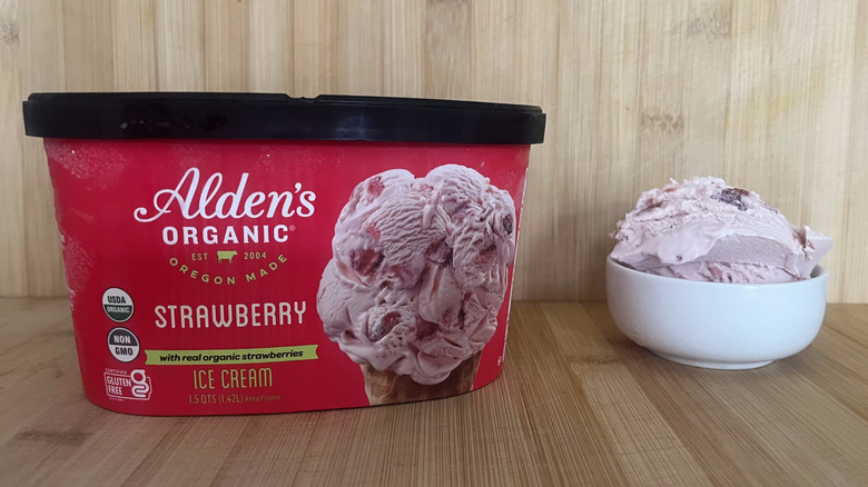 Tub of Alden's strawberry ice cream