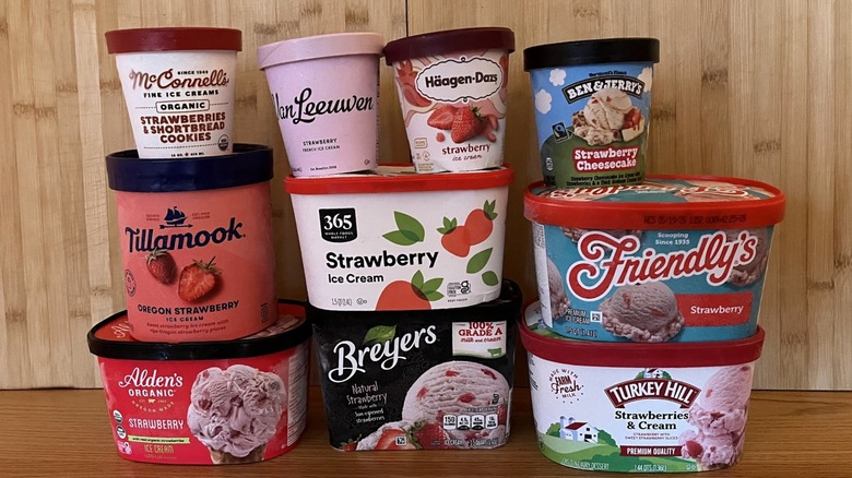 Assorted strawberry ice cream containers