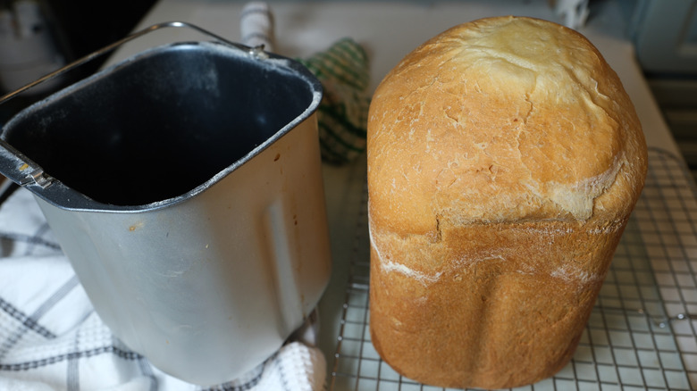 A rectangular loaf of bread made in a bread maker