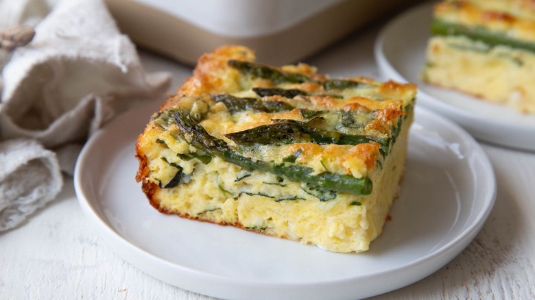 Spring veggie egg bake slice on plate