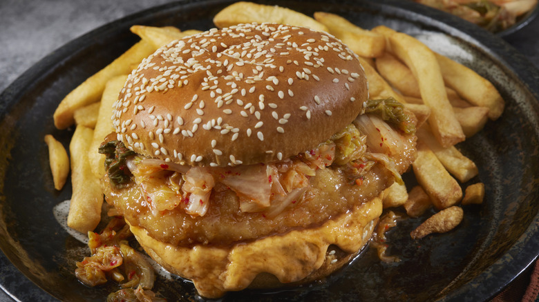 Crispy chicken burger with kimchi