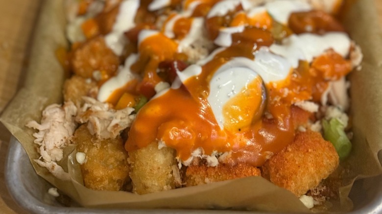 Buffalo Chicken Dip on a tin tray