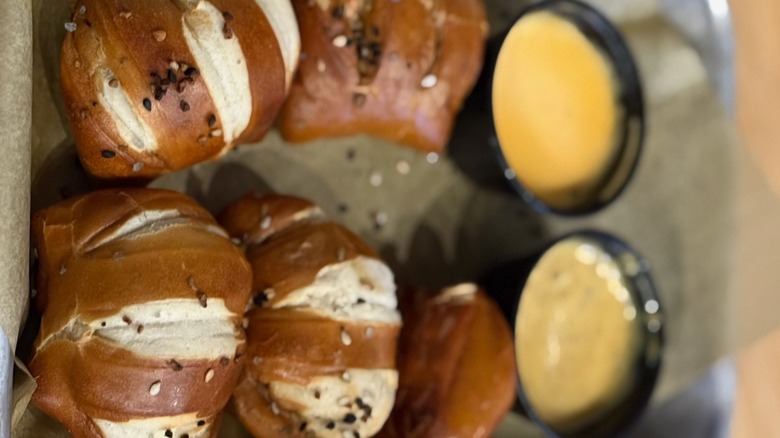 Everything Pretzel Knots with dipping sauces