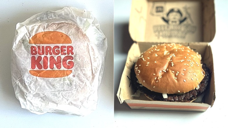 The McDonald's Double Quarter Pounder set next to the Burger King Whopper on a table.