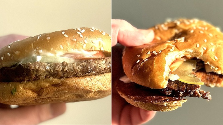 The McDonald's Quarter Pounder set next to the Burger King Whopper side-by-side, each held in a hand.