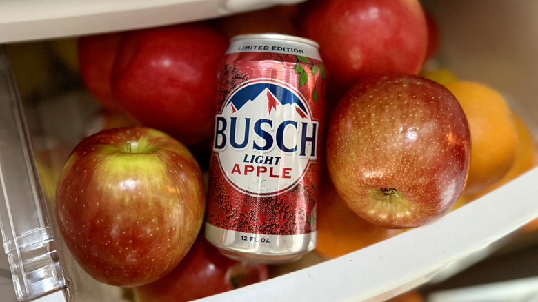 a can of Busch Light Apple rests on a pile of apples in fridge drawer